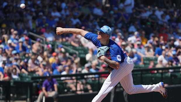 Chicago Cubs Prospect Pitcher Cade Horton Throwing  A Pitch In Spring Training