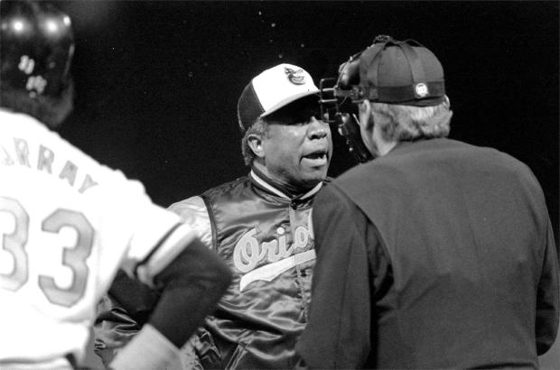 It seemed like nothing went the Orioles' way during their 21-game losing streak. Here, manager Frank Robinson argues a call with the umpire as Eddie Murray looks on during an O's game versus the Kansas City Royals. (Gene Sweeney Jr., Baltimore Sun file photo)