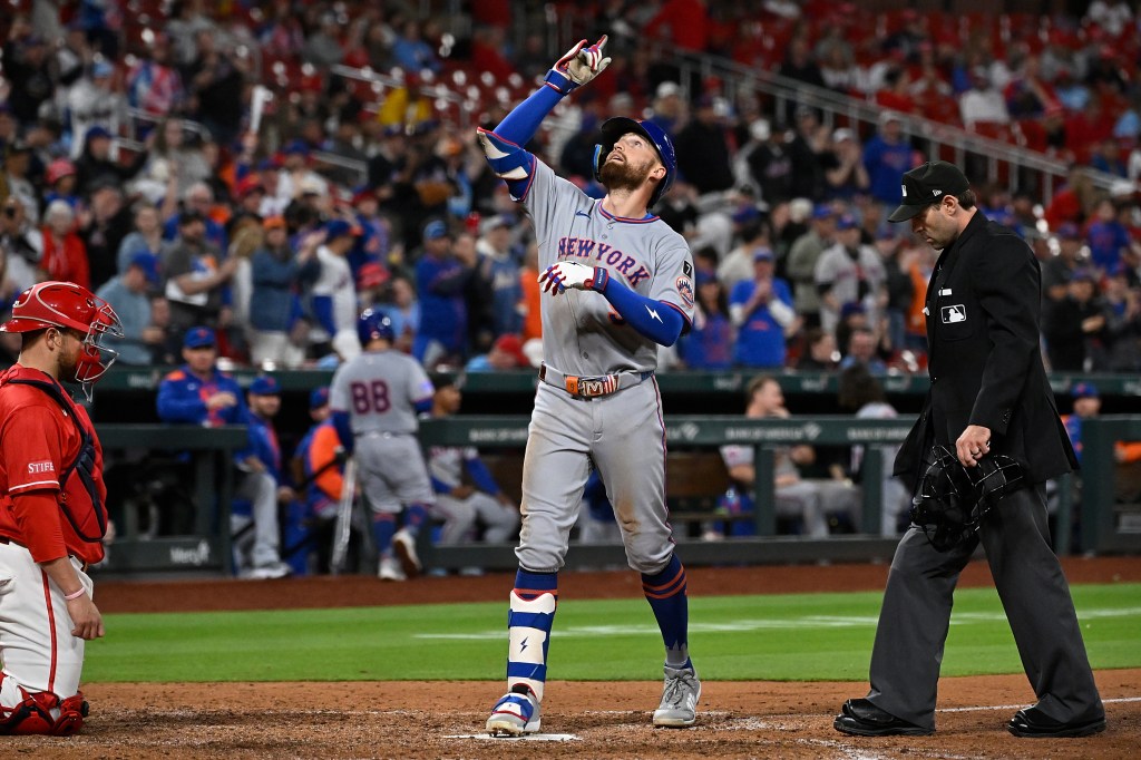 Brandon Nimmo celebrates after hitting a home run during the Mets' game against the Cardinals on May 2.
