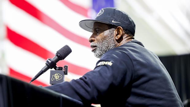 Boulder, CO, USA; Colorado Buffaloes head coach Deion Sanders speaks to the media at the University of Colorado NFL Showcase