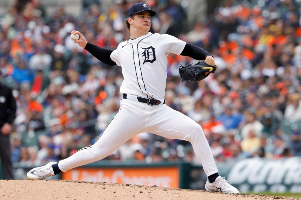 Detroit Tigers pitcher Jackson Jobe (21) pitches in the fourth inning against the San Francisco Giants at Comerica Park.