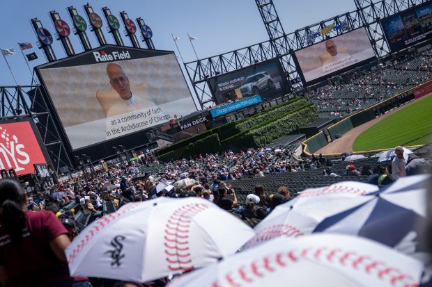Pope Leo XIV gives a message to Rate Field during a citywide gathering and Catholic Mass at the ballpark in Chicago on June 14, 2025. (Audrey Richardson/Chicago Tribune)