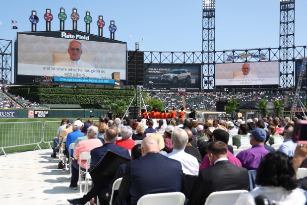 On a video feed, Pope Leo XIV, speaks to the people before a Mass on June 14th, 2025, at Rate Field. (Antonio Perez/Chicago Tribune)