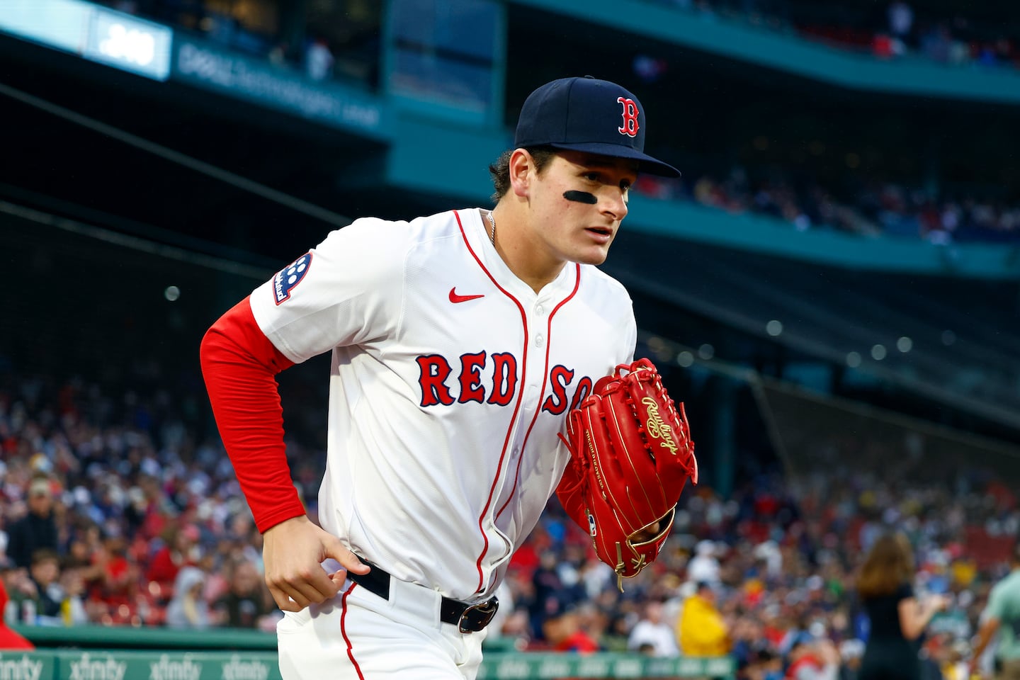 Red Sox right fielder Roman Anthony (48) took the field for the first inning at Fenway Park in his major league debut.