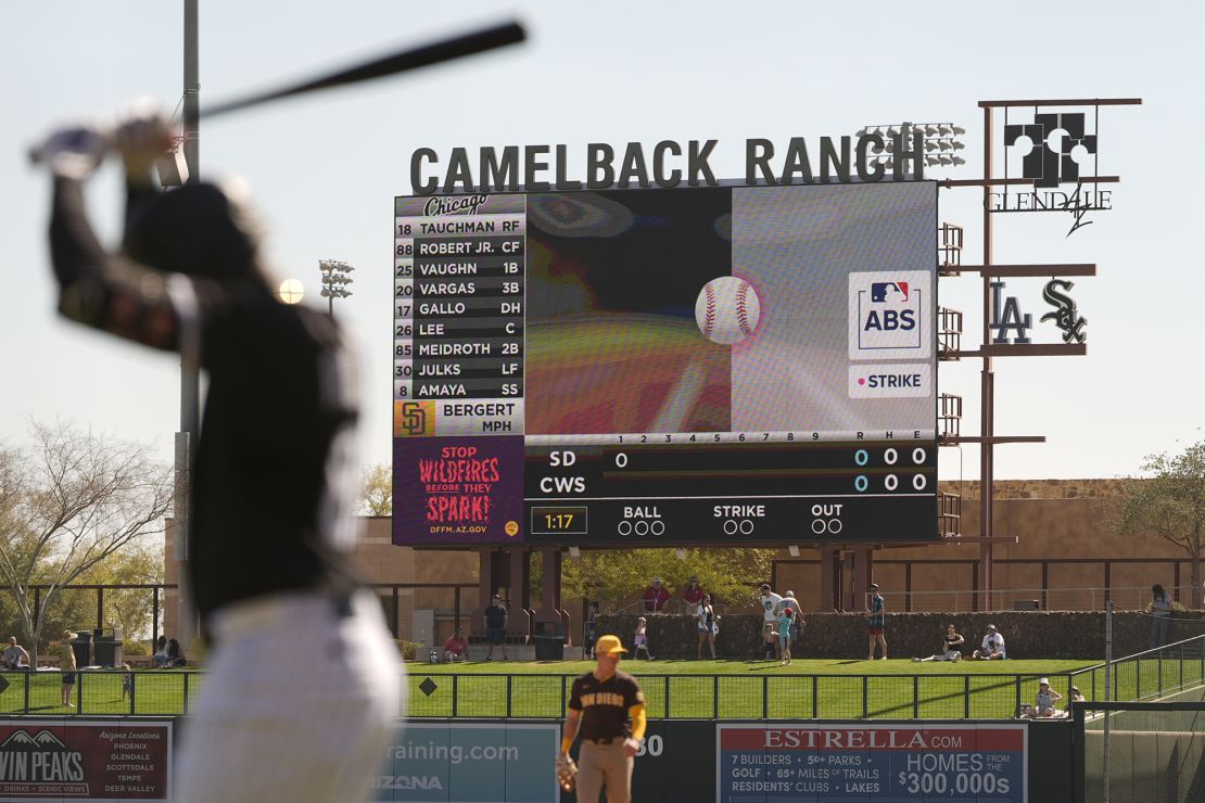 The automated ball-strike system plays on the scoreboard after a pitch call was challenged during a spring training game between the White Sox and the Padres.